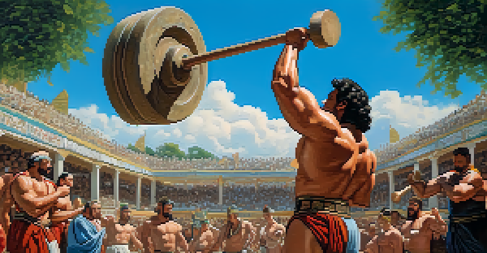 An ancient strongman lifting a large stone in an outdoor arena, surrounded by a captivated audience in ancient garments.