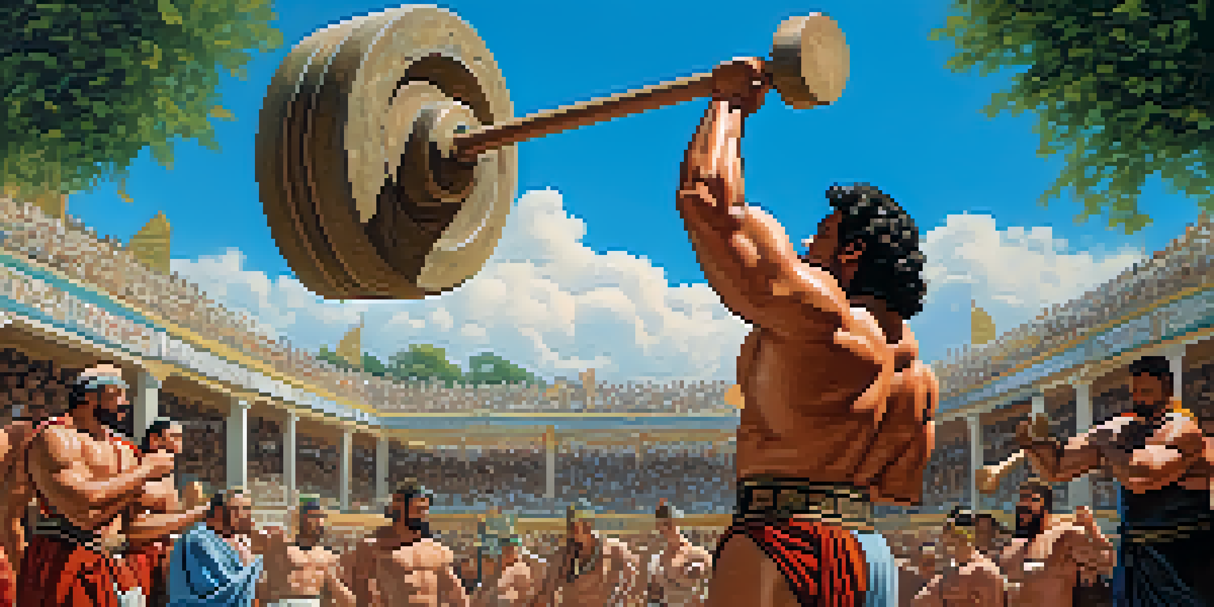 An ancient strongman lifting a large stone in an outdoor arena, surrounded by a captivated audience in ancient garments.