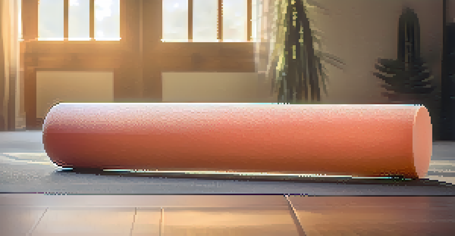 A close-up of a foam roller applying pressure on a calf muscle, showcasing the texture of the roller and the muscle's definition.
