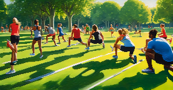 A diverse group of athletes training in a sunny park, showcasing different fitness activities.
