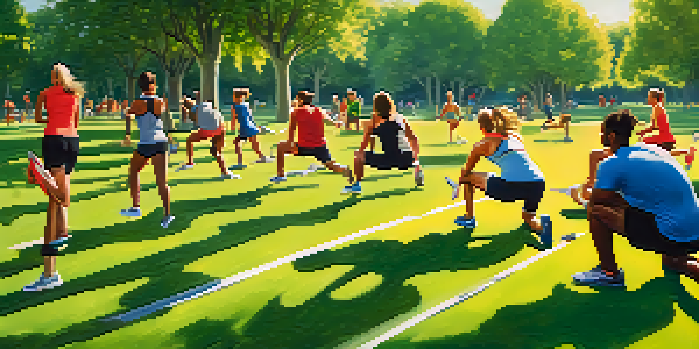 A diverse group of athletes training in a sunny park, showcasing different fitness activities.