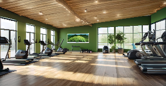 Interior of a modern eco-friendly gym with bamboo flooring, large windows, and sustainable equipment, surrounded by plants.