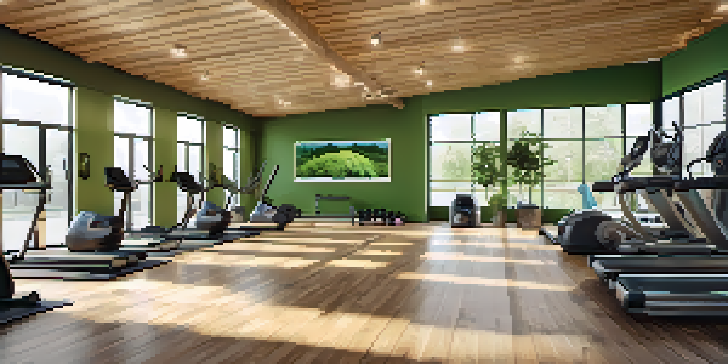 Interior of a modern eco-friendly gym with bamboo flooring, large windows, and sustainable equipment, surrounded by plants.
