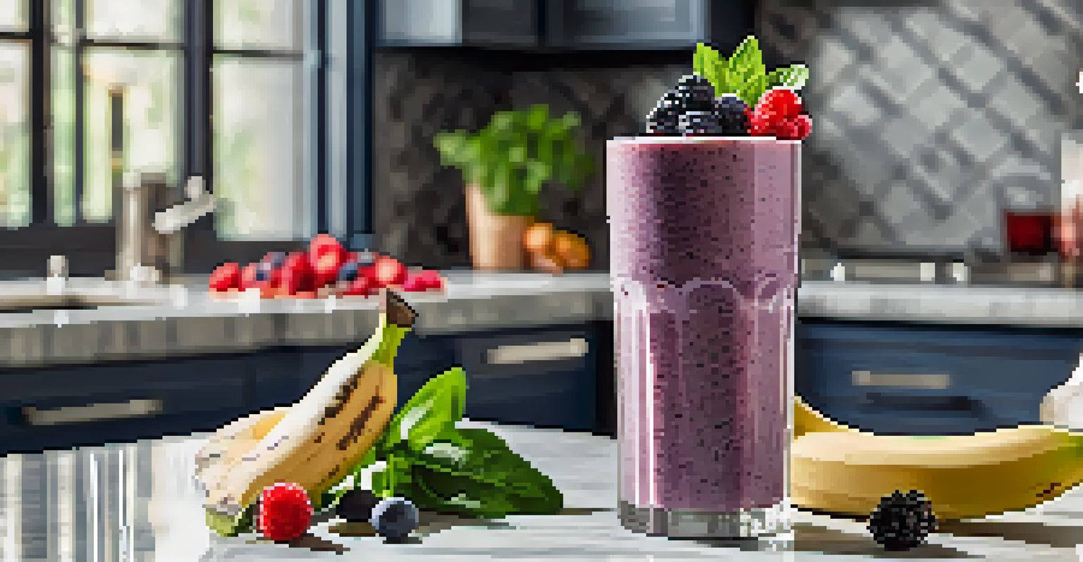 A green protein smoothie with spinach, banana, and berries in a glass, garnished with a banana slice, set against a bright kitchen background.