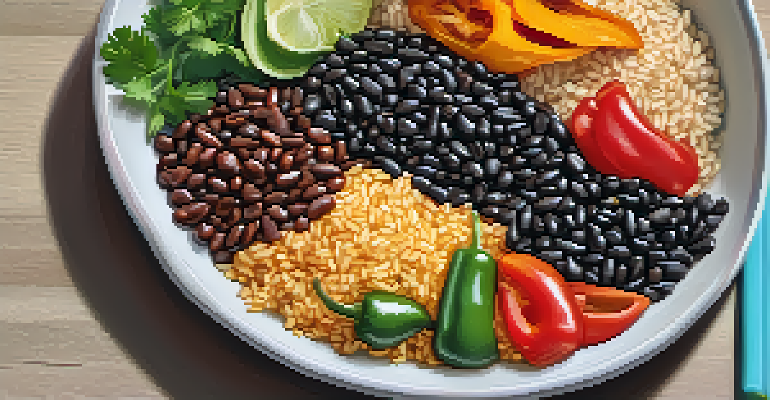 A close-up of a vibrant vegan meal with rice, beans, and peppers on a plate.