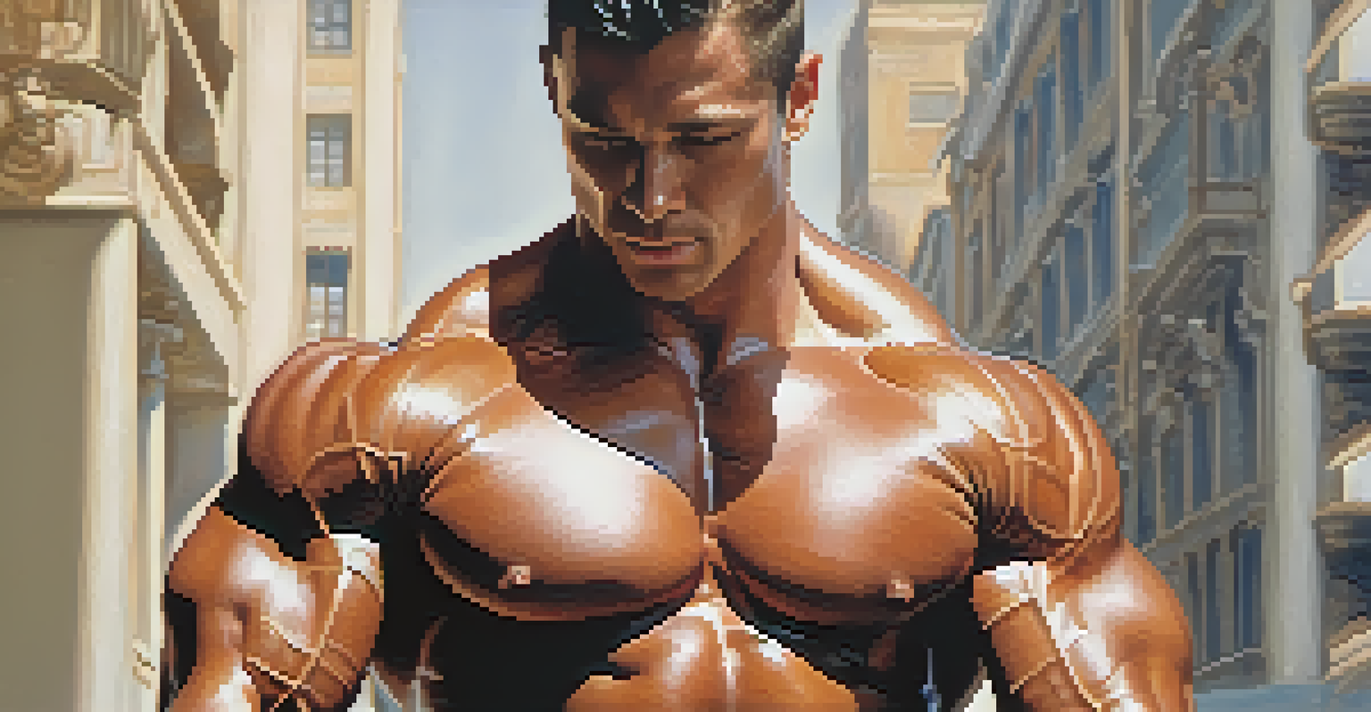 A close-up view of a bodybuilder's physique showing muscle symmetry and definition, with natural lighting and a soft background.