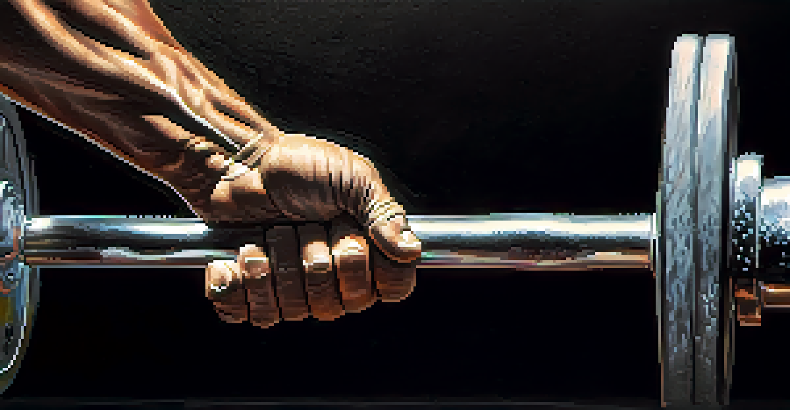 Close-up of hands gripping a barbell, highlighting the details of strength training with chalk dust in a blurred background.