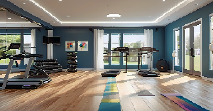 A bright and inviting home gym filled with family-friendly fitness equipment and motivational quotes.