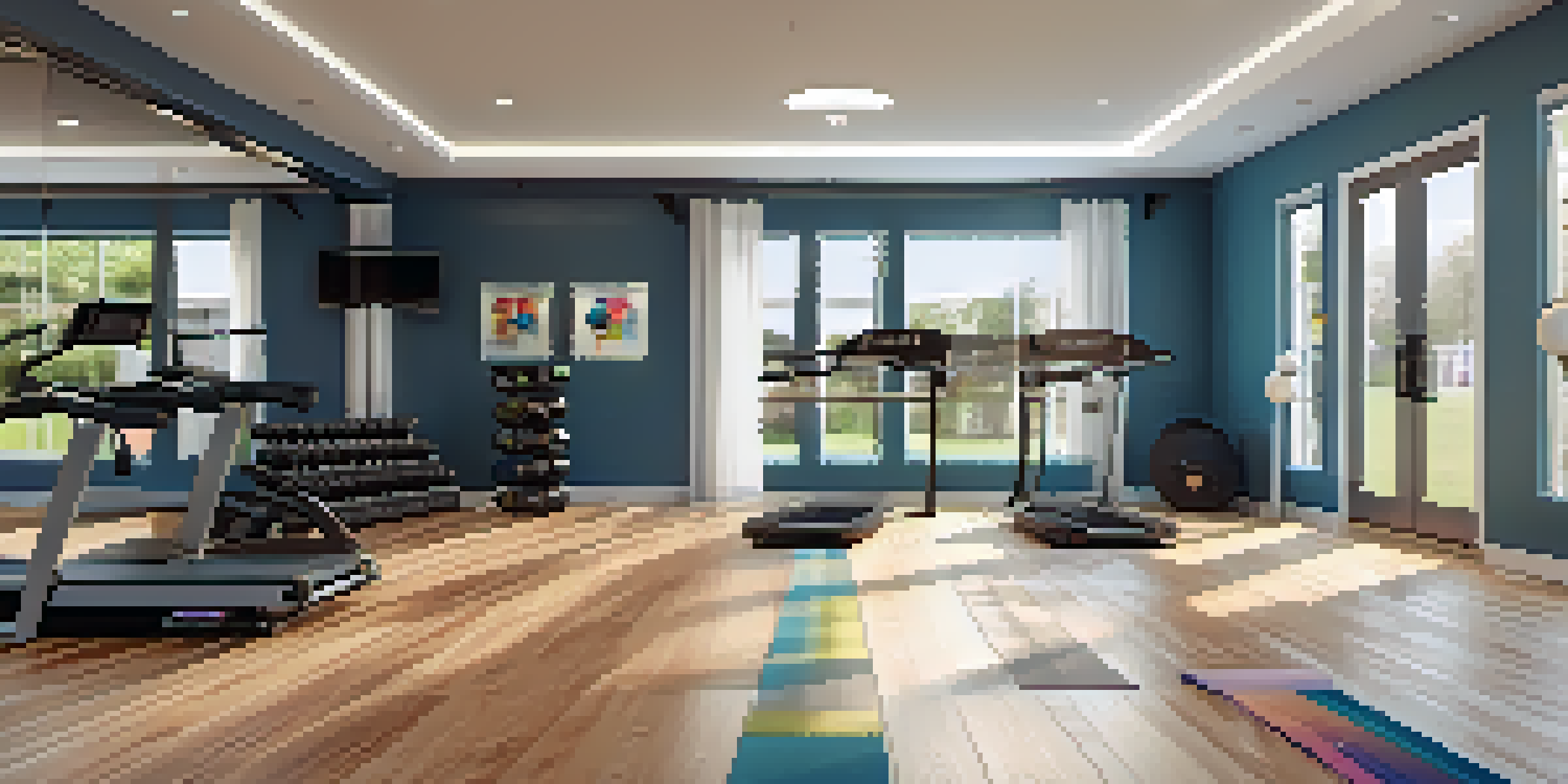 A bright and inviting home gym filled with family-friendly fitness equipment and motivational quotes.