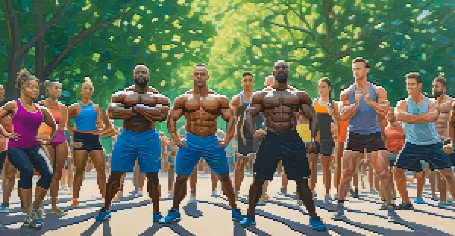 A diverse group of bodybuilders participating in an outdoor fitness class surrounded by greenery and sunshine.