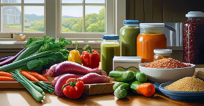 A bright kitchen filled with fresh vegetables, lean meats, and grains on a wooden countertop, with a protein supplement container in the background.