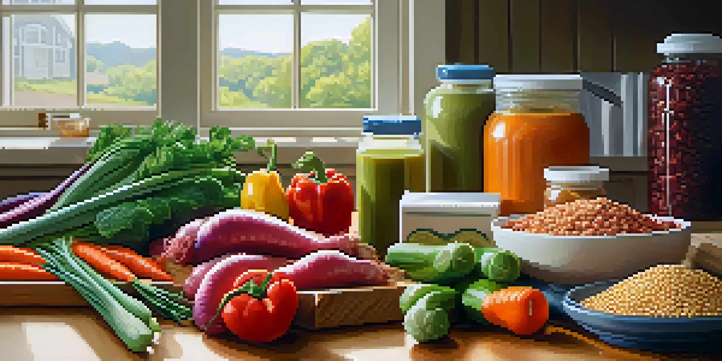 A bright kitchen filled with fresh vegetables, lean meats, and grains on a wooden countertop, with a protein supplement container in the background.