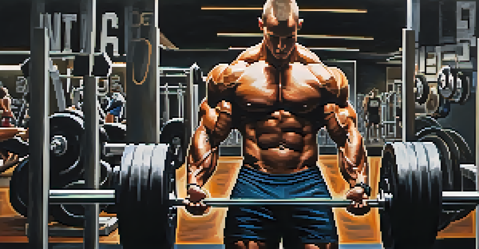 A bodybuilder lifting weights in a gym, with a motivational quote on the wall, showcasing strength and focus.