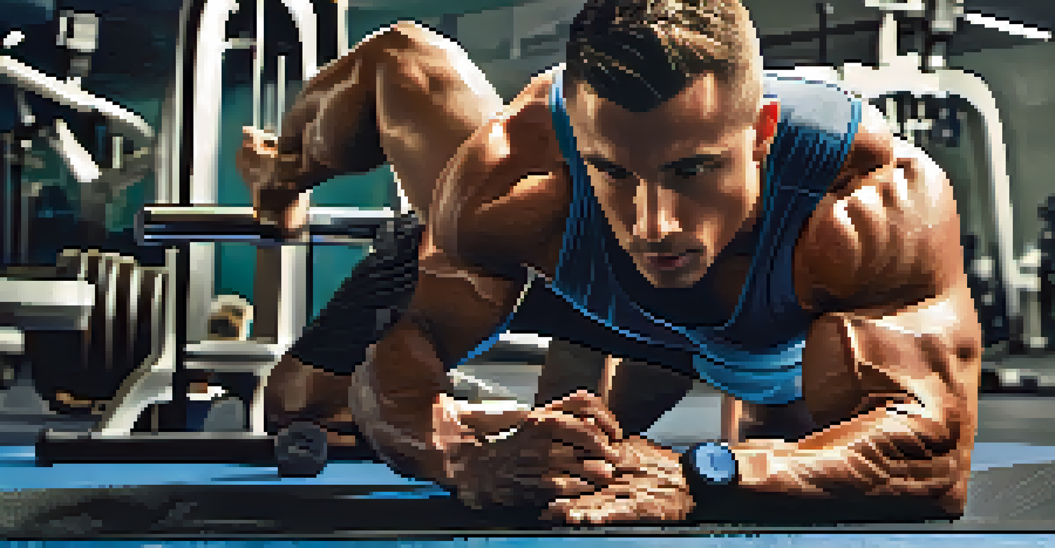 A bodybuilder using a foam roller on a gym mat, focused on releasing muscle tightness, with fitness equipment around and warm lighting.