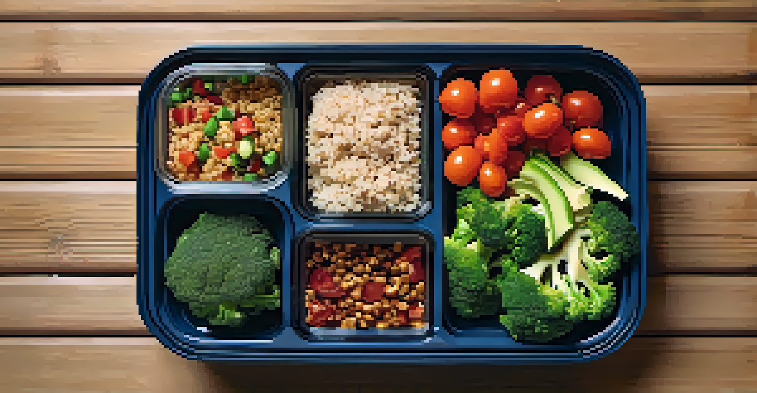 An overhead view of a meal prep container filled with grilled chicken, broccoli, and quinoa on a wooden table.