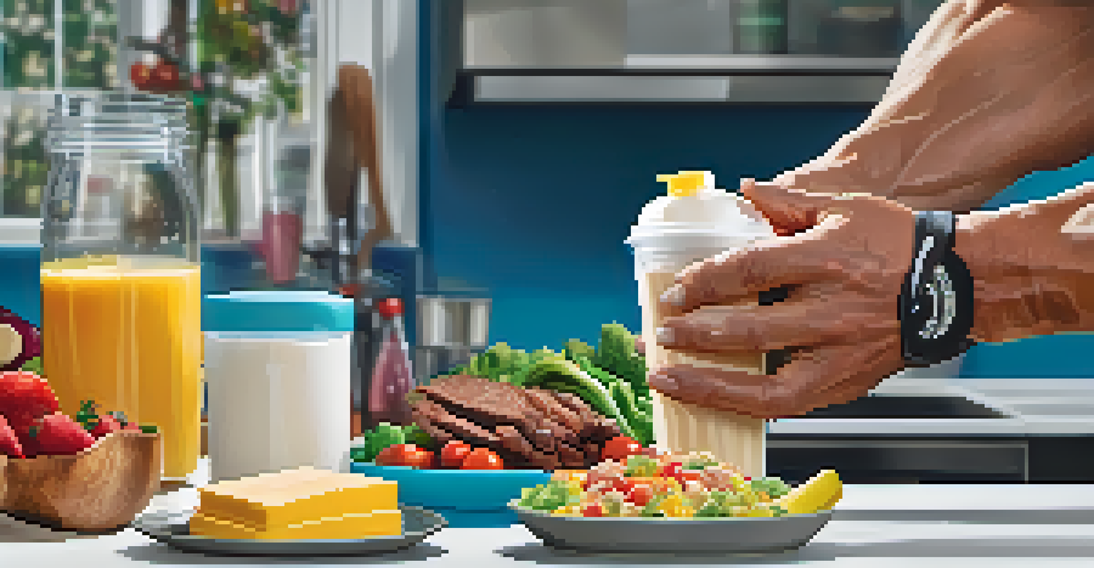 Close-up of hands exchanging a protein shake and meal prep container, symbolizing community support in bodybuilding.
