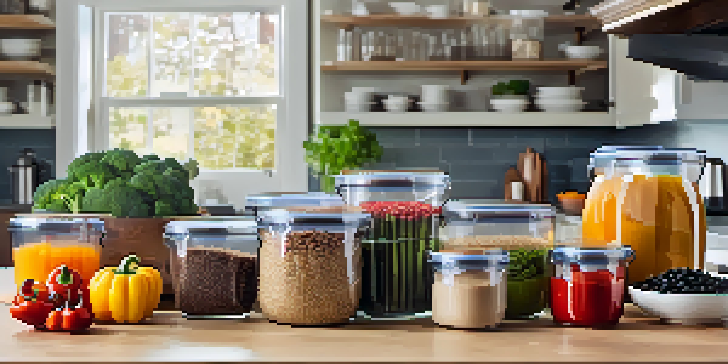 A kitchen countertop displaying meal prep containers with colorful meals, including quinoa, black beans, grilled chicken, and fresh vegetables, bathed in soft natural light.