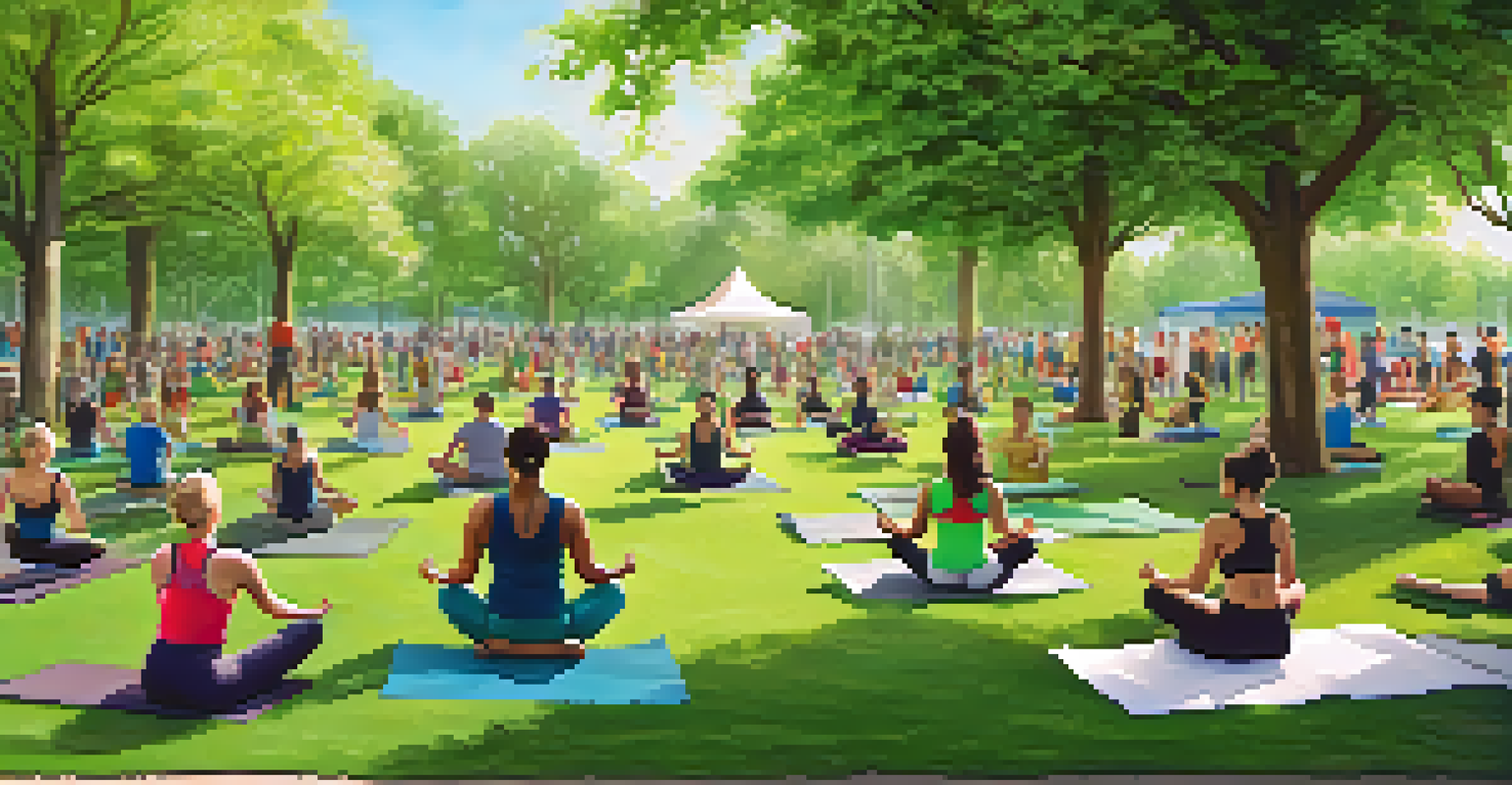 A community fitness event in a park with people engaging in yoga and exercises, surrounded by greenery and eco-friendly banners.