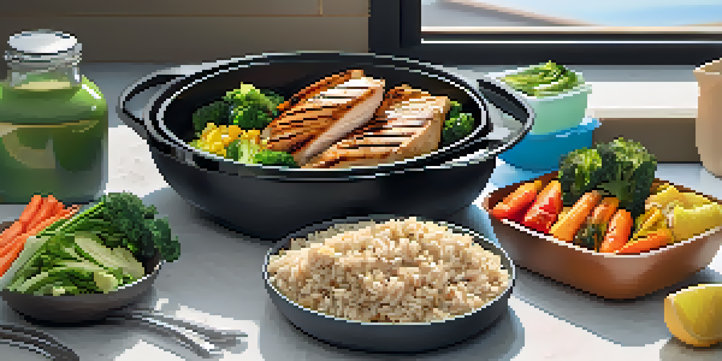 A meal prep station with grilled chicken, brown rice, and vegetables in colorful containers on a kitchen counter.