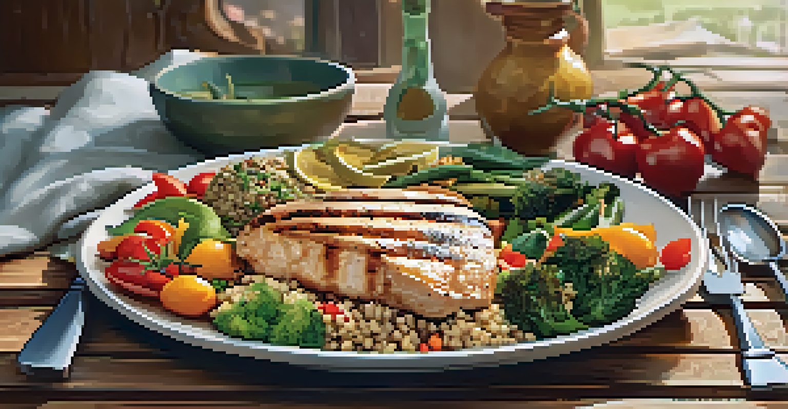 A plate of grilled chicken, quinoa, and colorful vegetables arranged artistically on a wooden table.
