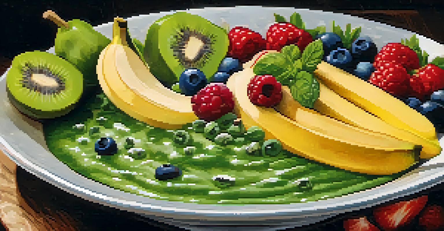 A colorful smoothie bowl filled with spinach and banana, topped with sliced fruits and seeds, resting on a rustic wooden table.