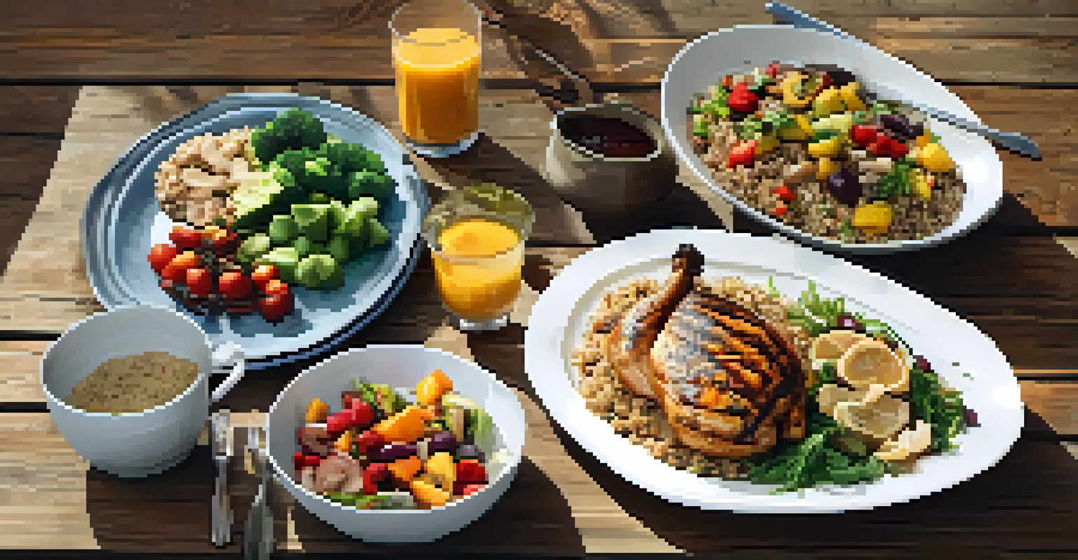 A flat lay of a balanced meal with grilled chicken, quinoa, roasted vegetables, and fresh fruit on a rustic wooden table, accompanied by a glass of water.