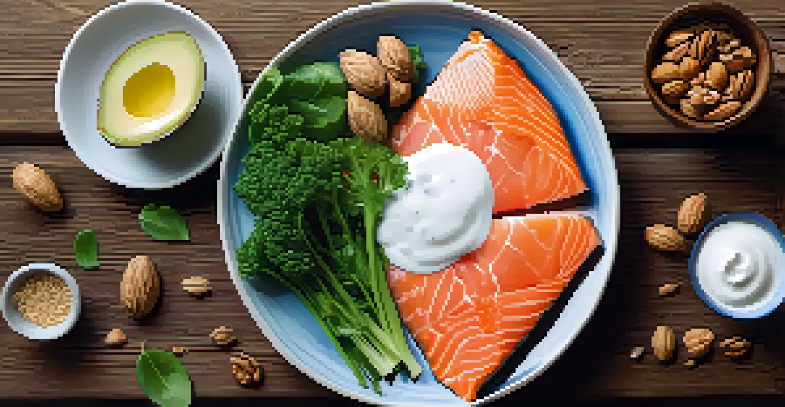 A close-up view of a plate with salmon, walnuts, and greens, alongside yogurt and probiotics, all set on a rustic table, highlighting healthy eating for bodybuilders.