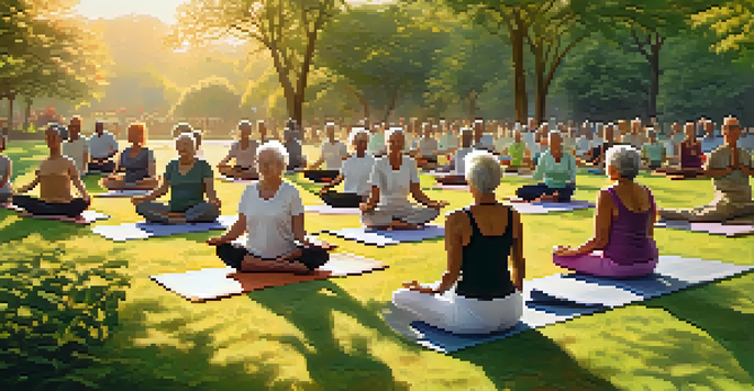 Seniors practicing yoga in a green park at sunrise, with serene expressions and warm sunlight.