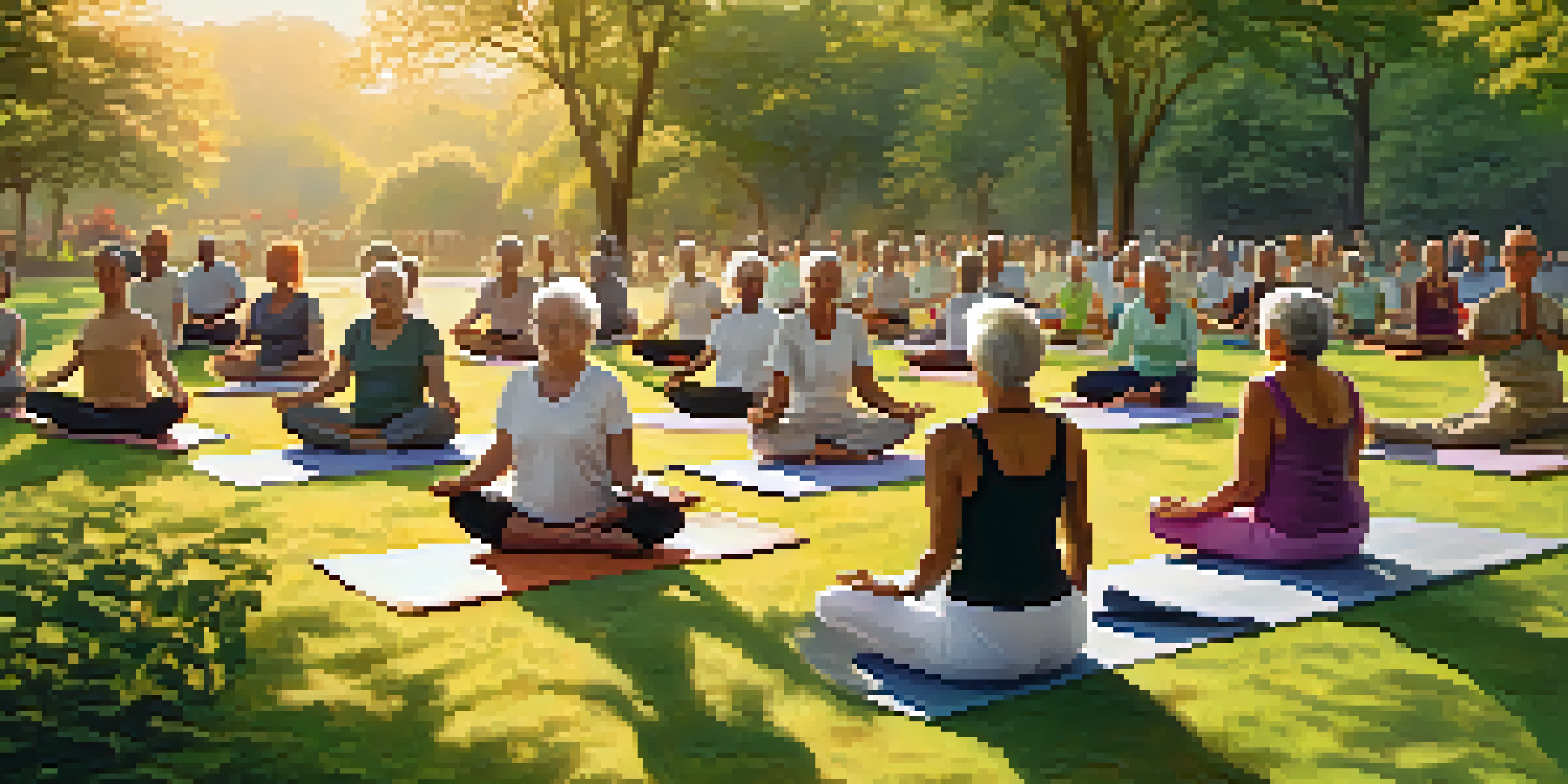 Seniors practicing yoga in a green park at sunrise, with serene expressions and warm sunlight.