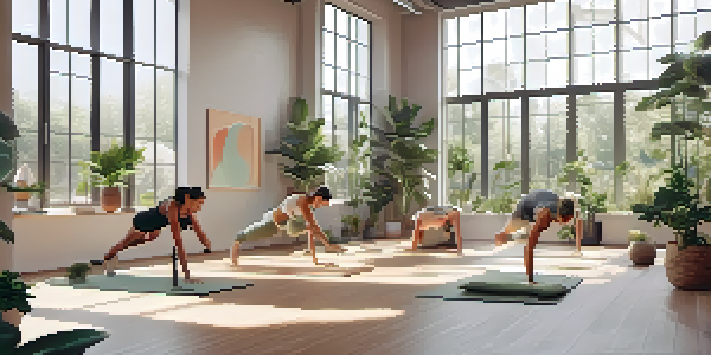 A fitness studio with diverse individuals practicing mindfulness during a workout, surrounded by plants and natural light.