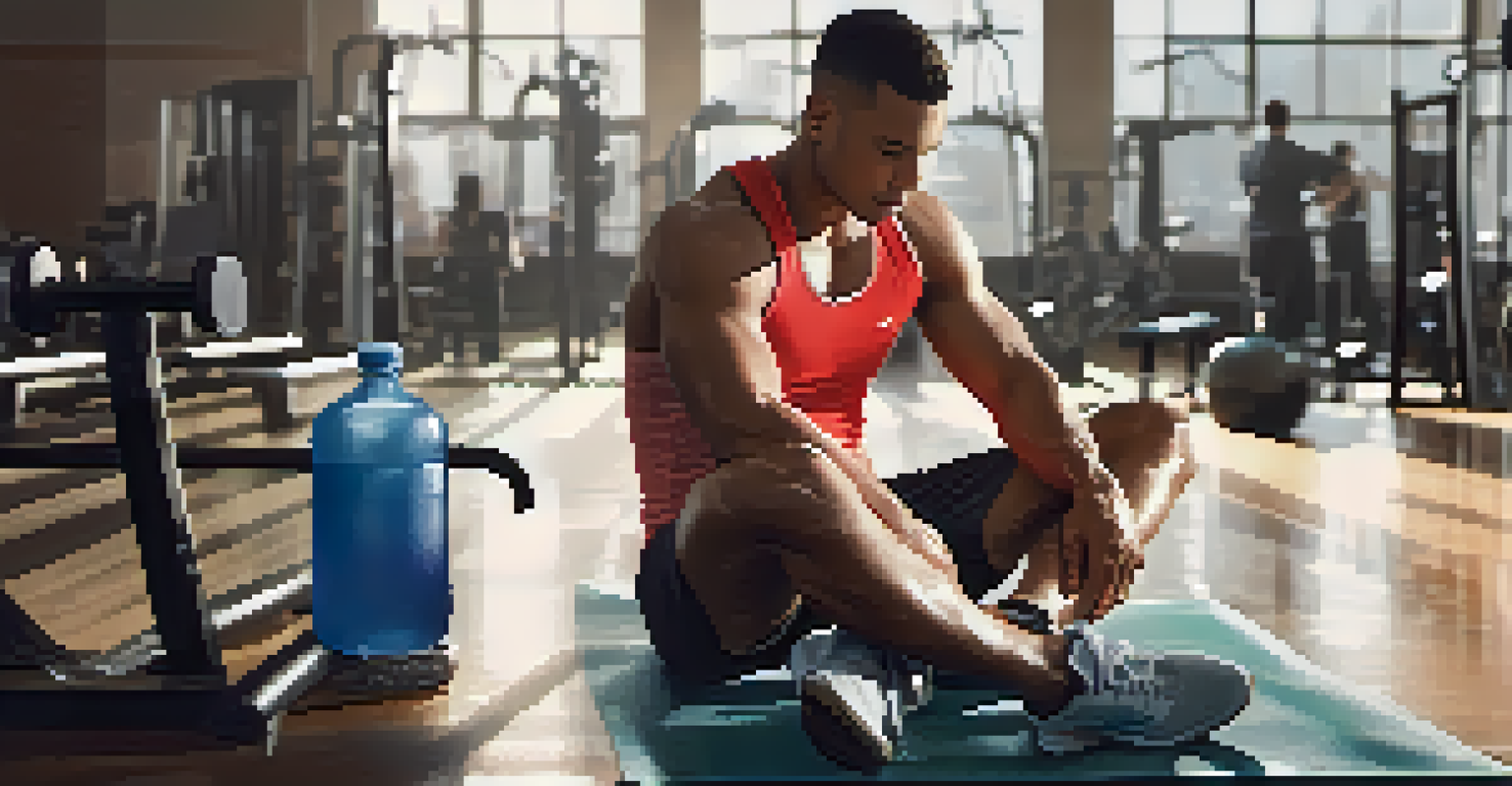 An athlete sitting on a gym bench, hydrating with a water bottle after a workout, surrounded by gym equipment.