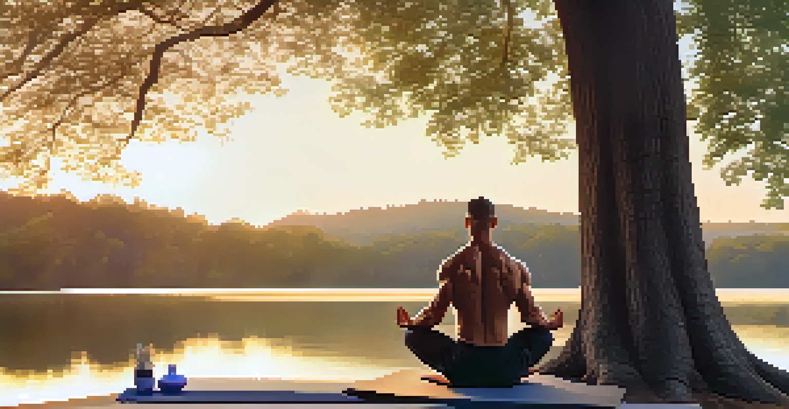 A bodybuilder meditating outdoors on a yoga mat, surrounded by nature and a calm lake.