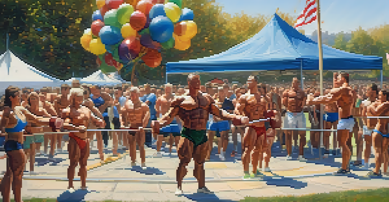 An outdoor bodybuilding competition with participants and enthusiastic spectators in a sunny setting.