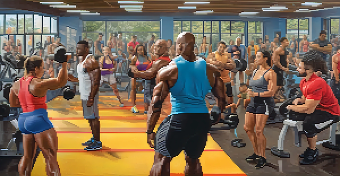 A diverse group of bodybuilders working out together in a bright gym, sharing tips and encouragement.