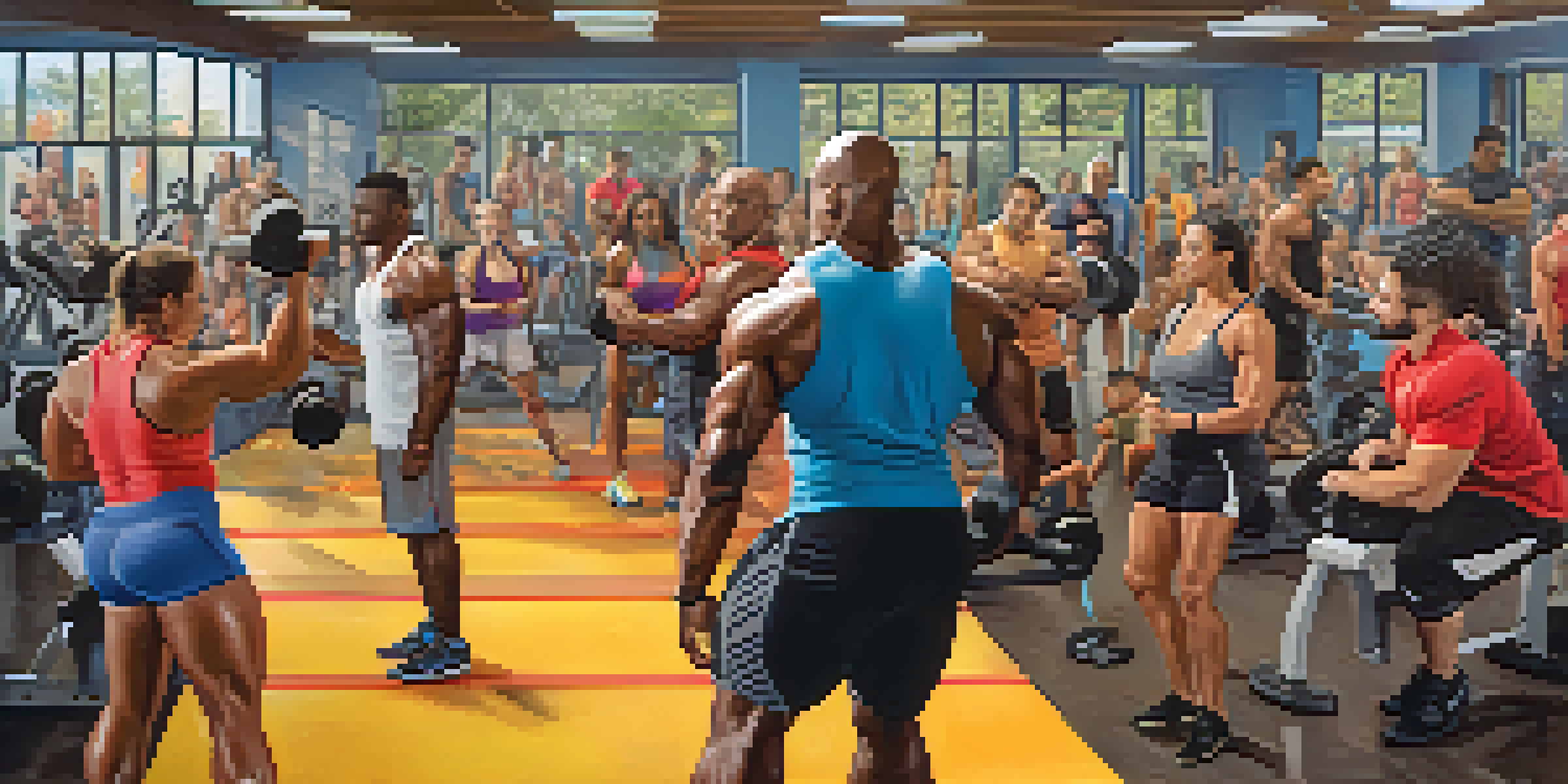 A diverse group of bodybuilders working out together in a bright gym, sharing tips and encouragement.