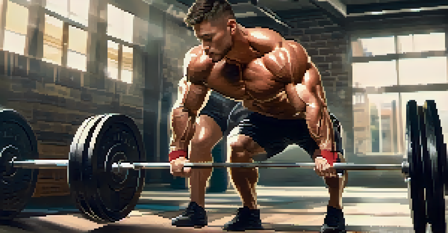 A male athlete lifting weights in a gym, with a creatine bottle on the floor.