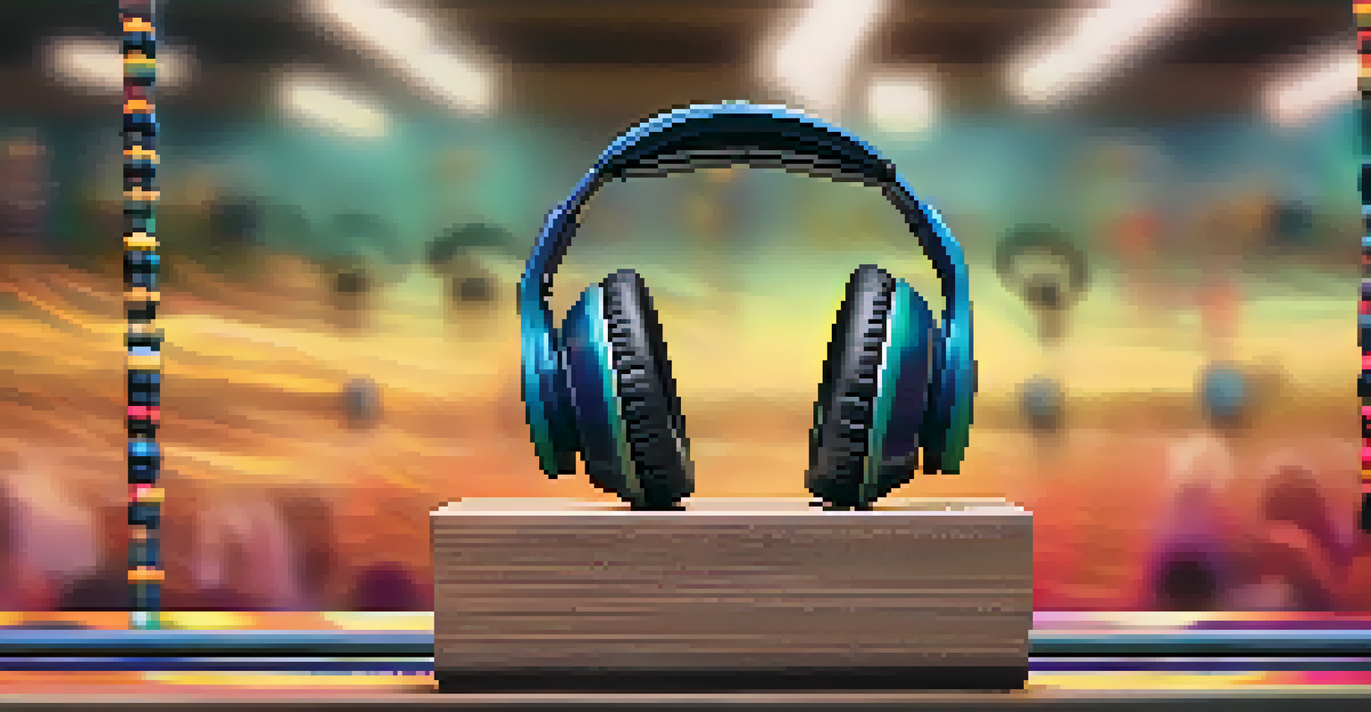 Headphones on a gym bench with colorful sound waves symbolizing the motivation music brings to workouts.