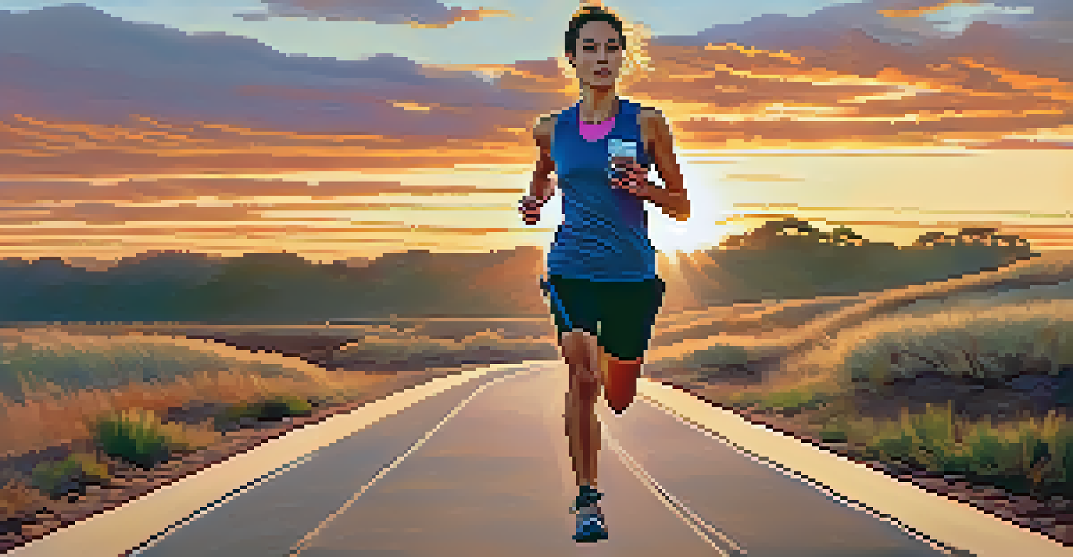 A runner on a track at sunrise, holding a coffee gel packet, reflecting the energy of caffeine in endurance sports.