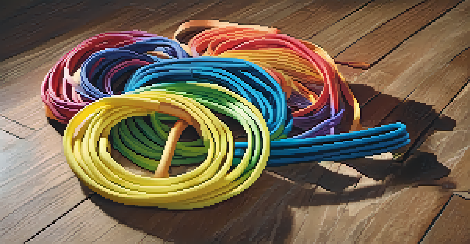 A close-up of colorful resistance bands of different resistance levels on a wooden gym floor.