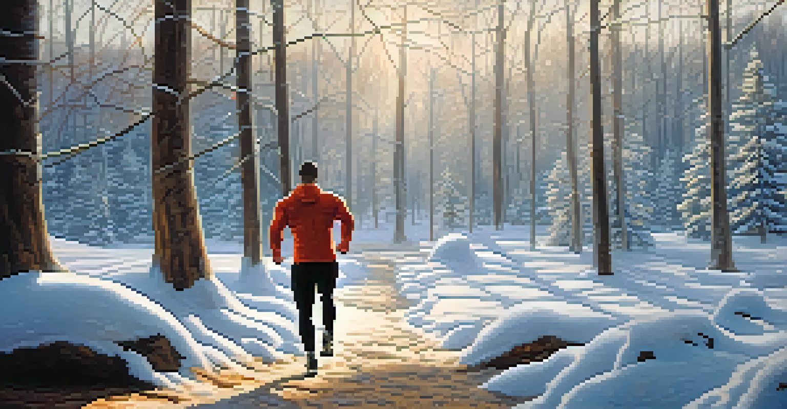 A bodybuilder in layered clothing training outdoors in a winter setting with snow-covered trees.