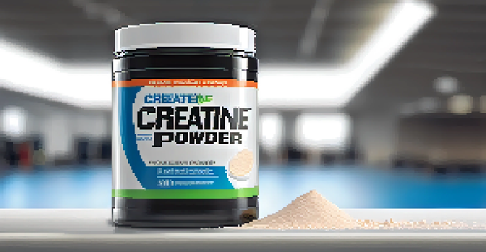 A close-up of a jar of creatine powder and a scoop, with a gym background.
