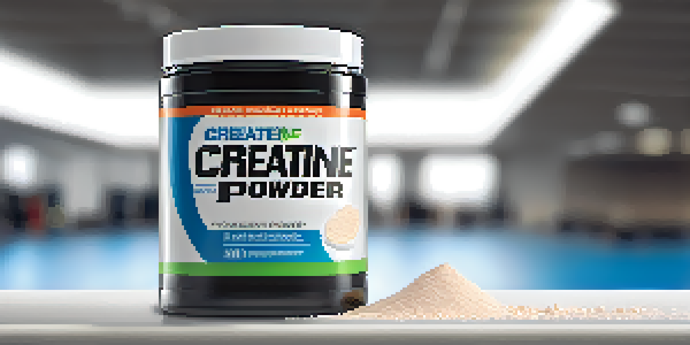 A close-up of a jar of creatine powder and a scoop, with a gym background.