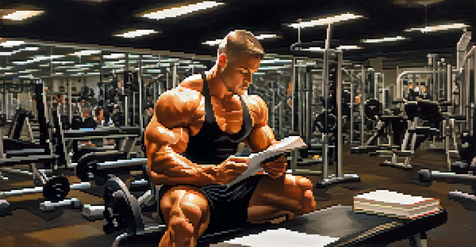 A bodybuilder sitting on a bench in a gym, writing in a journal with a thoughtful expression.