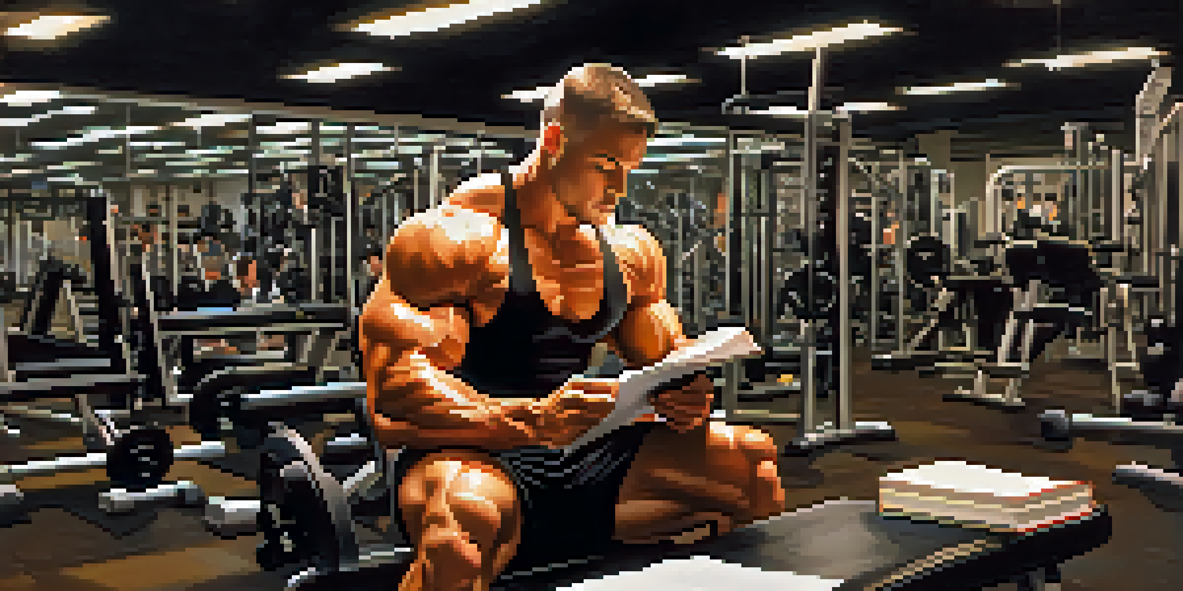 A bodybuilder sitting on a bench in a gym, writing in a journal with a thoughtful expression.