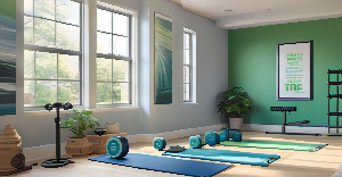 A peaceful home gym with resistance training equipment and natural light streaming in through a large window.