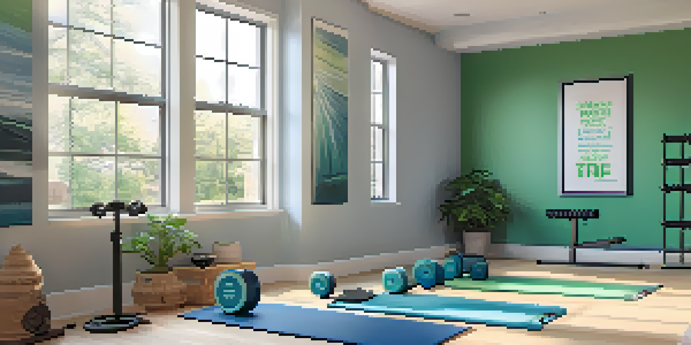 A peaceful home gym with resistance training equipment and natural light streaming in through a large window.