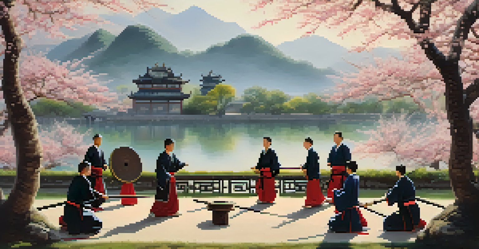 Practitioners training in ancient Chinese martial arts with wooden staffs and stone weights in a tranquil garden setting.