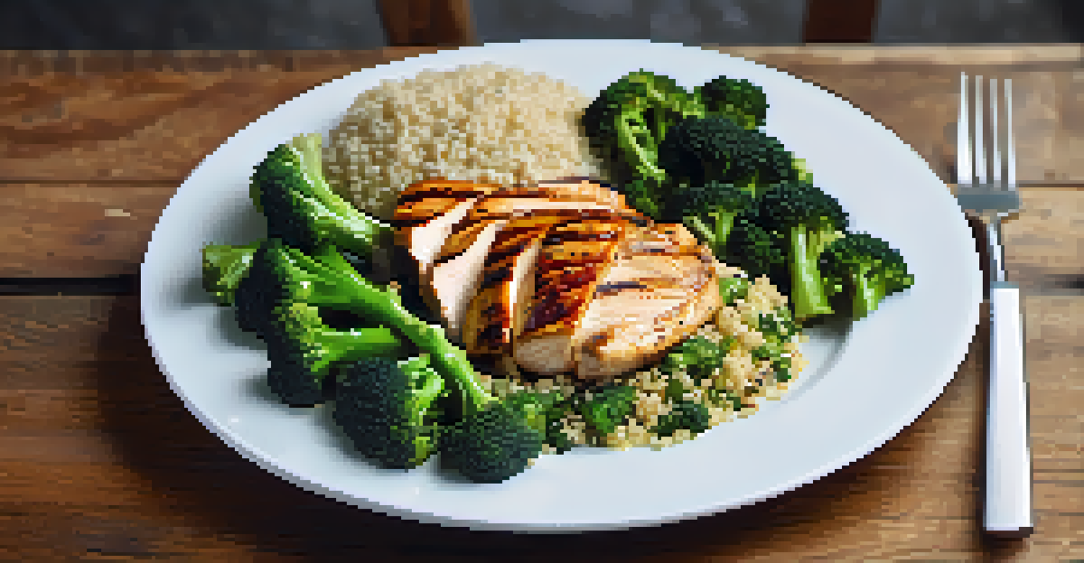 A close-up of a healthy meal with grilled chicken, broccoli, and quinoa on a rustic table, emphasizing nutrition for strength training.