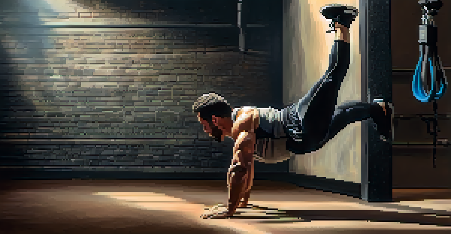 A person performing a handstand push-up against a wall in a gym, highlighting their strength and balance with dramatic lighting.