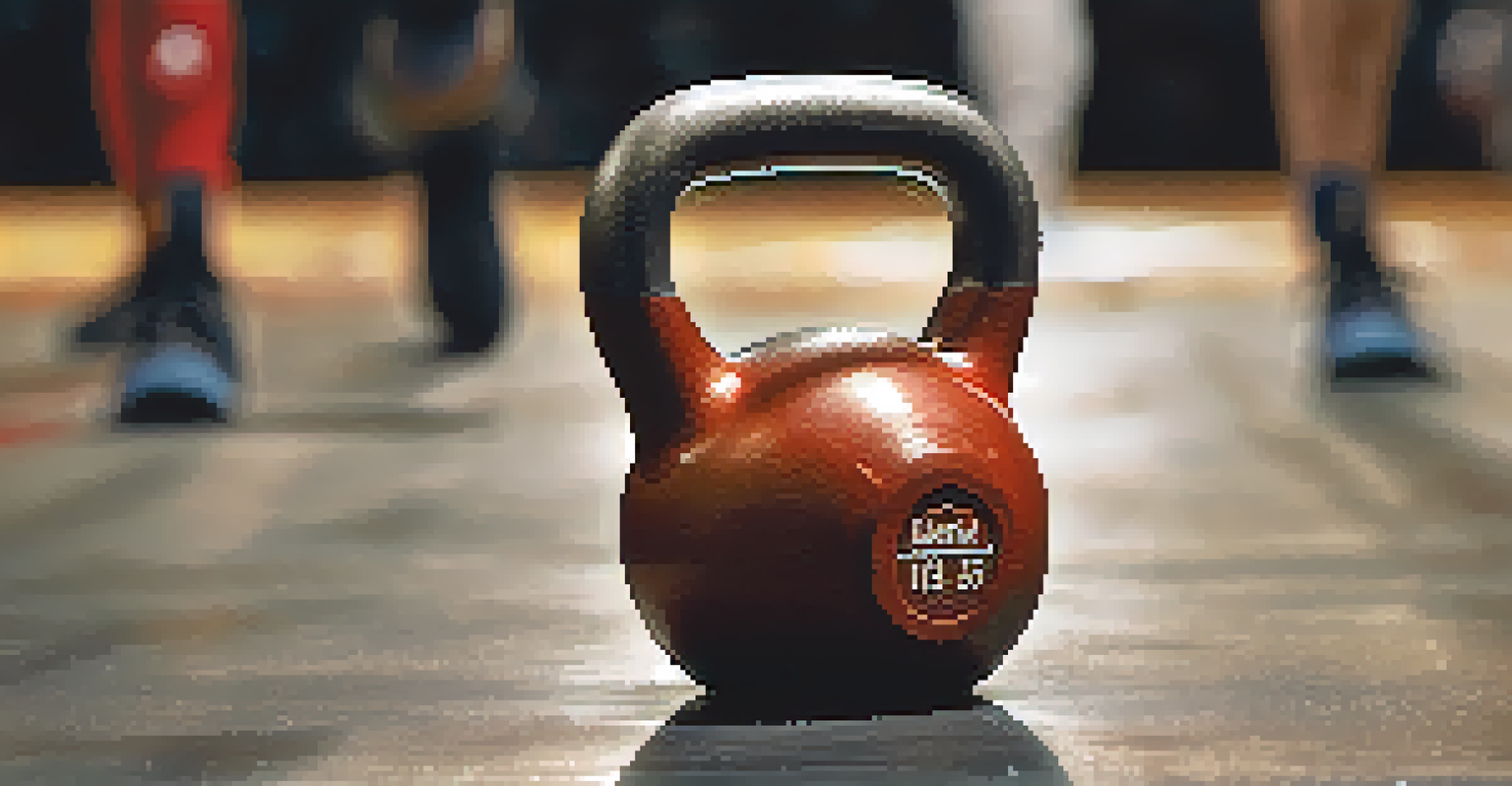 Close-up of a kettlebell on a gym floor with athletes performing dynamic movements in the background, illuminated by dramatic lighting.